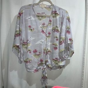 Love  stitch tropical print tie waist blouse Sz M V neck